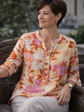 Hot Cotton Linen Top Floral Ruffle Blouse